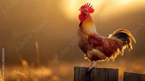 Rooster crowing at sunrise on a fence post. photo