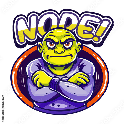 A flat style sticker of a serious man with nope typography