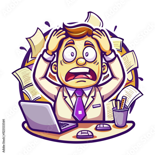 A flat sticker of a character taking work stress 