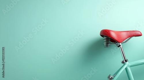 A striking red bicycle seat, mounted on a spring, is photographed against a vivid light green background, giving a nostalgic yet modern visual appeal. photo