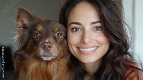 A joyful woman with her furry brown dog, both exuding happiness and warmth, presenting a moment of pure companionship and shared joy in life. photo