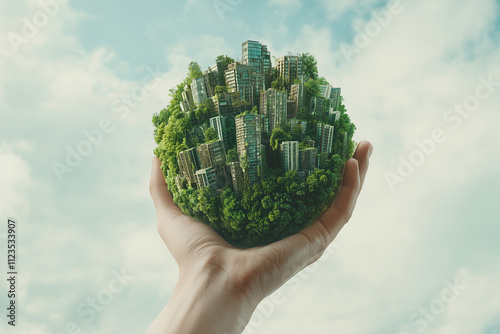 A hand holding an earth-shaped green city, with buildings made of trees and grasses against the sky background