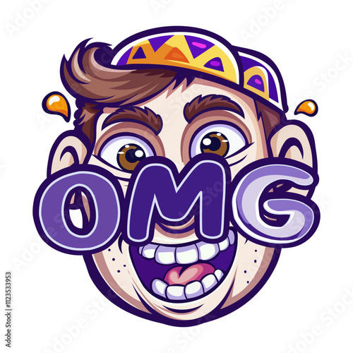 A fat sticker of a character face with omg typography 