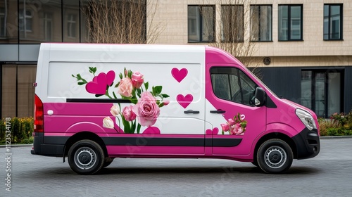 Vibrant Floral Delivery Van with Pink Rose Graphics in Urban Setting photo