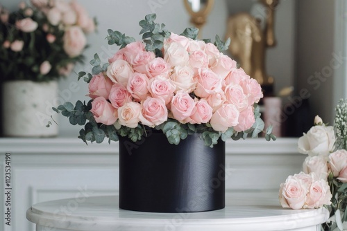 Elegant Pink and White Rose Bouquet in Black Hat Box on Marble Table - Trending Floral Arrangement in Modern Interior Decor