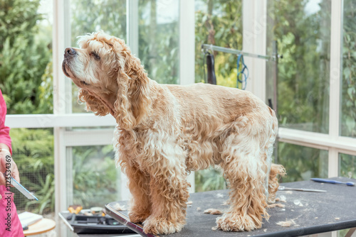 Fotografie American Cocker Spaniel is posing on a grooming table