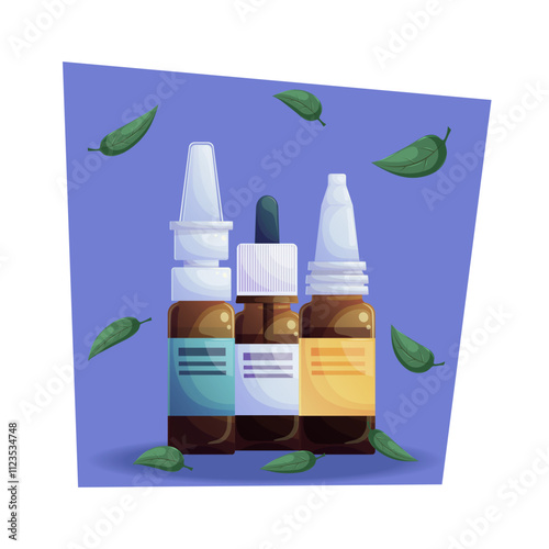 A set of glass jars with drops and nasal spray and falling leaves on a blue background. Vector cartoon illustration of medicine and medical preparations