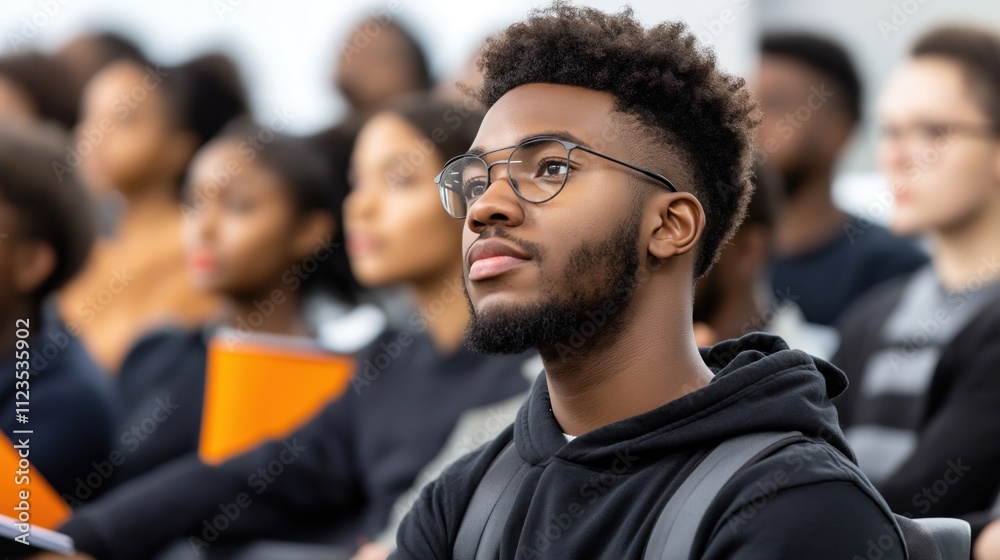 Fototapeta premium young man with glasses focuses intently on the instructor during a lecture in a classroom filled with diverse students. atmosphere emphasizes learning and engagement