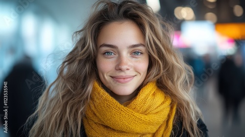 A woman with a yellow scarf smiling, surrounded by the bustling ambiance of an urban environment. Her presence radiates warmth and captures joyful modern city life. photo