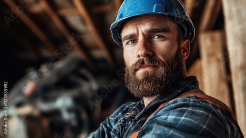 A determined construction worker with a beard and blue hard hat, gazing intently at the camera in an indoor work setting with wood beams and tools around.