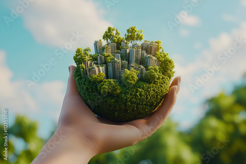 A hand holding an earth-shaped green city, with buildings made of trees and grasses against the sky background