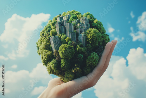 A hand holding an earth-shaped green city, with buildings made of trees and grasses against the sky background