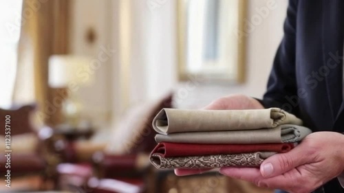Interior Decorator Holding Fabric Samples – Close-Up Elegant Showroom Background