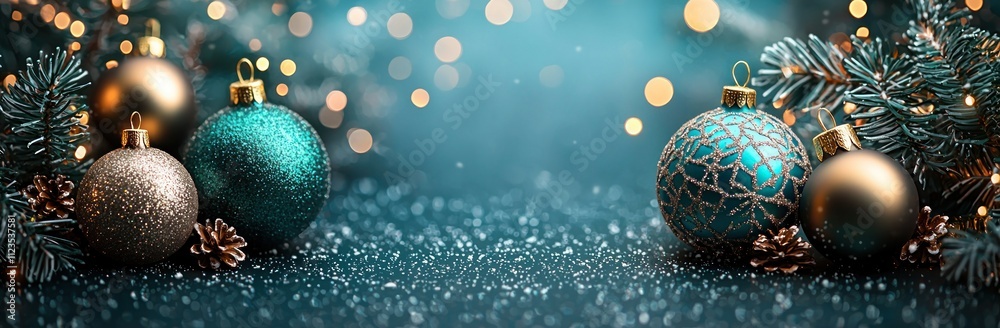 Fototapeta premium Blue Christmas ornaments with pine branches, snowflakes, and pinecones on a dark green background Generative AI