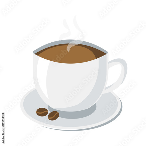 white cup of hot coffee with coffee beans and steam