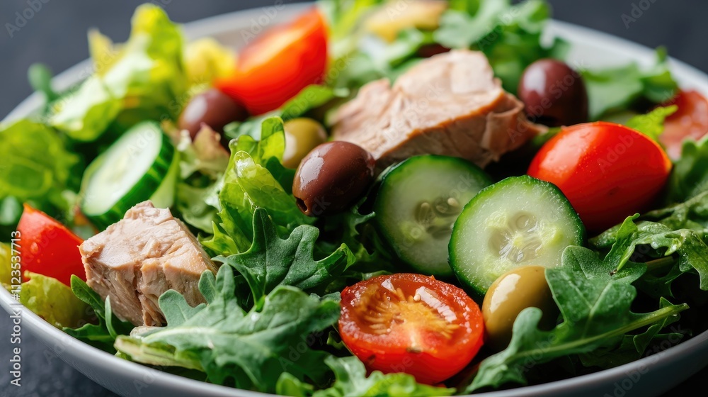 Fresh tuna salad with olives, tomatoes, cucumbers, and mixed greens in a bowl. Fresh tuna salad with olives, tomatoes, cucumbers, and mixed greens in a bowl.