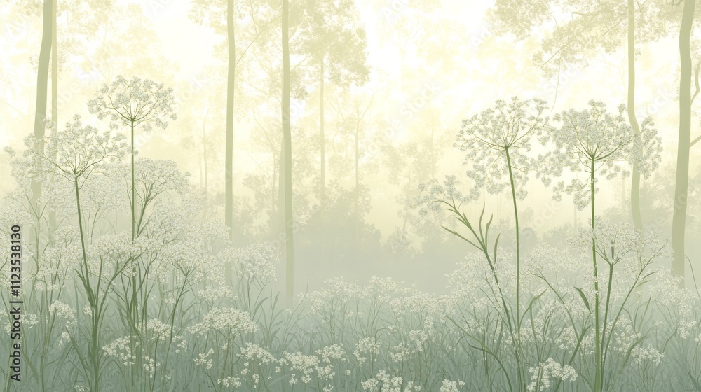Obraz premium Misty Meadow Soft Green Forest Landscape, Floral Composition, Pastel Palette, Botanical Art Keywords Wall Art, Nature Print