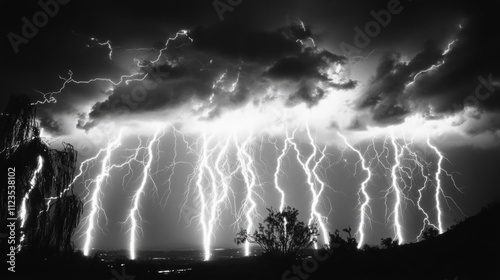 Monchromatic Lightning Storm Multiple Strikes, Dramatic Cloudscape, Nature Photography, Storm Photography, Black and White Lightning, Storm photo