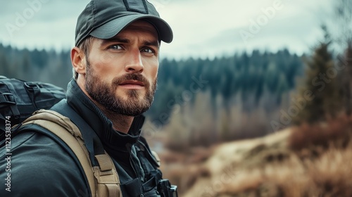 A rugged man in outdoor gear, including a cap and backpack, stands in a scenic forest with a determined look, highlighting themes of adventure and exploration. photo