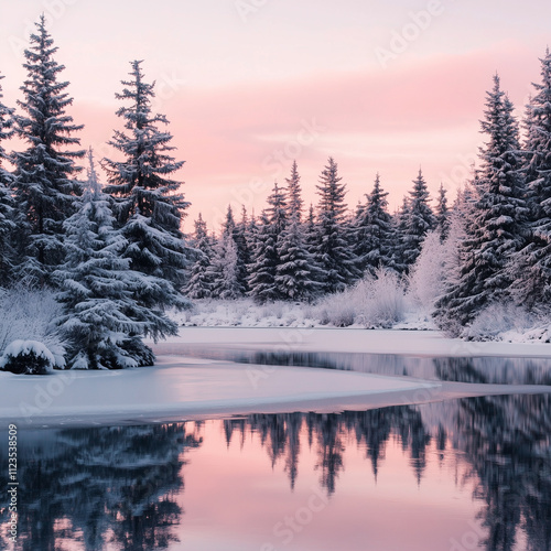 A serene frozen lake surrounded by frosty pine trees