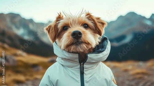 A charming small dog donning a white jacket poses cutely in front of a stunning mountain scenery, capturing the essence of adventure and coziness. photo