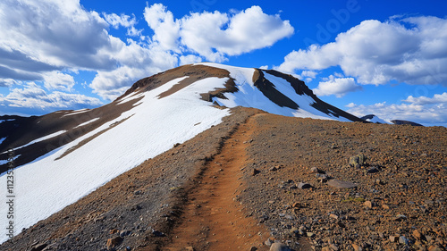 A mountain peak with snow on the top and a hiking trail leading