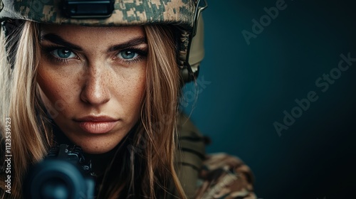 A woman soldier wearing a helmet focuses intently as she aims her rifle, portraying a powerful blend of determination and courage within a military context. photo