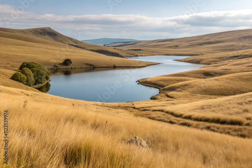 Tranquil Highland Lake Amid Golden Hills