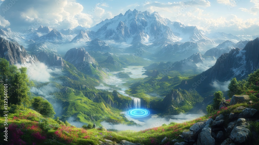 Obraz premium Scenic view of a majestic mountain range with a lush green valley and winding river, rendered with vivid colors and a breathtaking perspective.