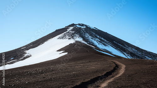 A mountain peak with snow on the top and a hiking trail leading