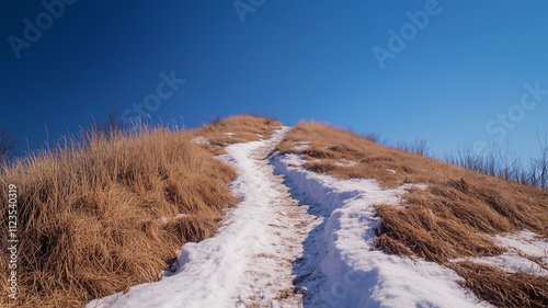 A narrow trail leading up to the peak, with snow on one side and brown grasses on the other against a clear blue sky