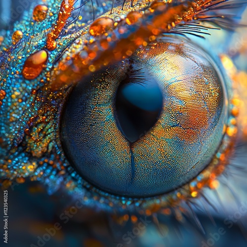 detailed view dragonfly's compound eye reveals intricate world vibrant colors and alien like textures. Captured daylight exceptional clarity details are mesmerizing. photo