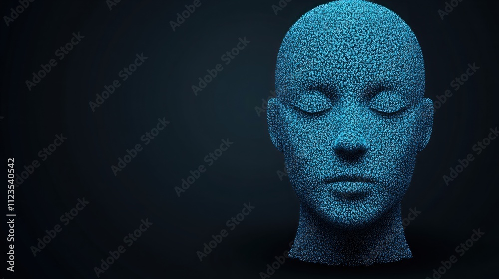 Obraz premium Abstract representation of a serene human head composed of tiny blue particles against a dark background, illustrating the blend of art and technology in modern design.