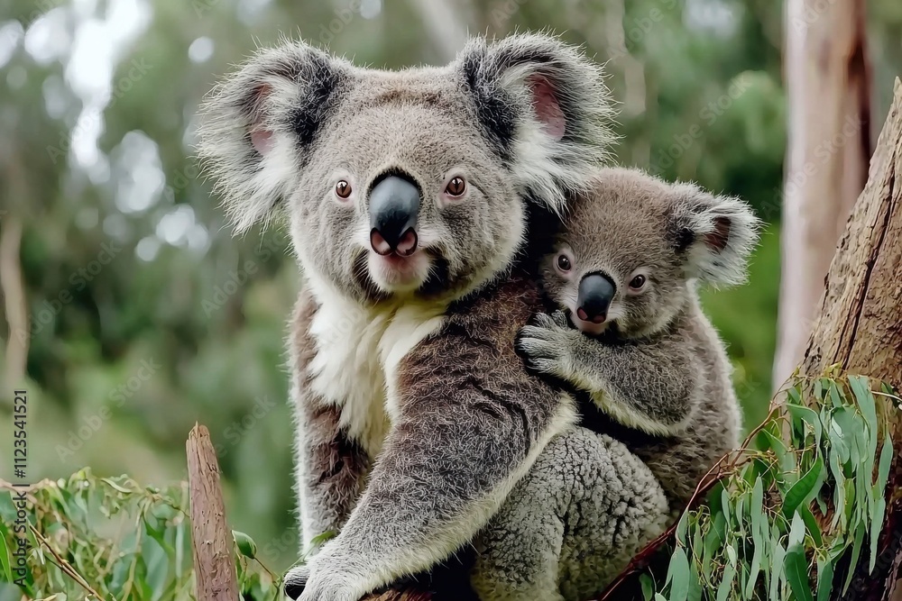 Fototapeta premium Mother koala and her joey share a tender moment on a tree branch in their lush habitat
