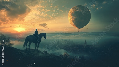 silhouette of a rider on horseback watching a hot air balloon floating over a misty city at sunset  
