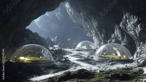 A futuristic settlement on an asteroid, with domes sheltering green areas, magnetic paths, and a deep cosmic view. photo