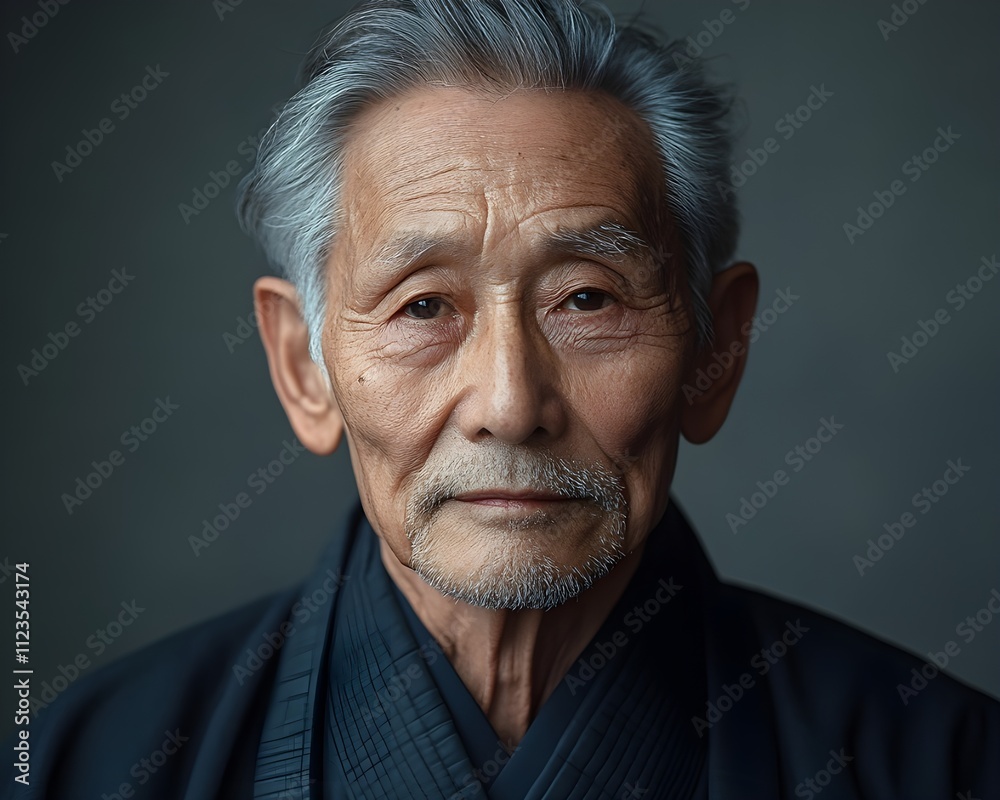 Fototapeta premium portrait of a senior man A tall, elderly judoka with a solemn demeanor and a ragged body. smooth background Senior Judoist Kneeling