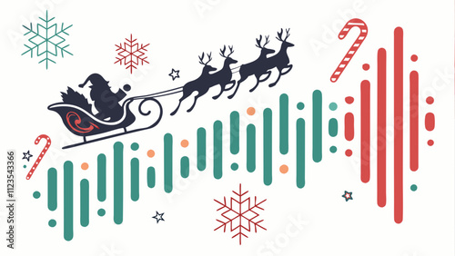 Santa Claus flying in a sleigh with reindeer surrounded by festive elements and decorations