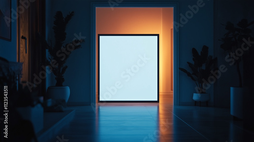 A white, blank poster in the middle of an open doorway, illuminated by soft light in a dark room at night. The scene has a cinematic feel