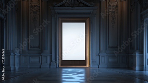 A white, blank poster in the middle of an open doorway, illuminated by soft light in a dark room at night. The scene has a cinematic feel