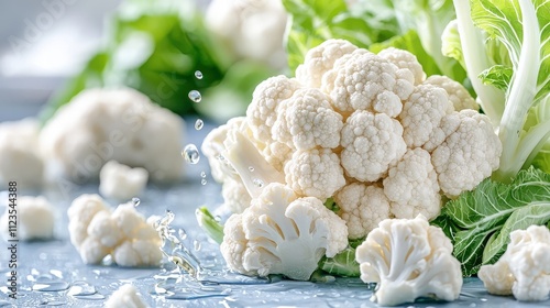 Fresh cauliflower florets with water droplets on a blue background.