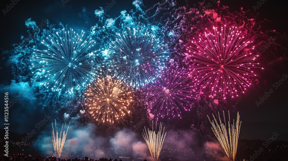 Fototapeta premium Colorful fireworks illuminate the night sky in a festive display.