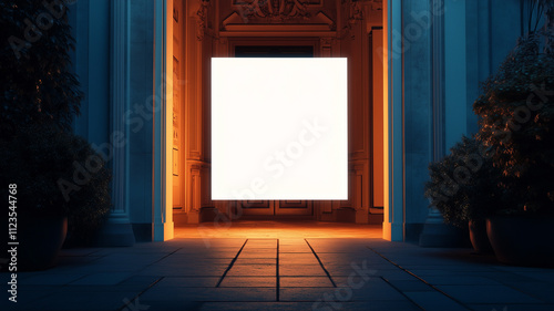 A white, blank poster in the middle of an open doorway, illuminated by soft light in a dark room at night. The scene has a cinematic feel