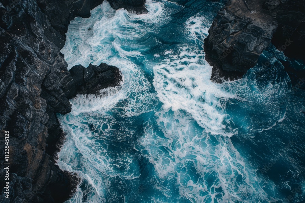 Obraz premium The ocean waves surge powerfully against jagged rocks, creating foam and spray in a picturesque coastal area, revealing nature’s raw beauty under bright daylight.