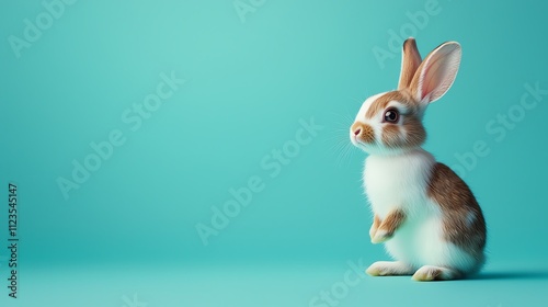 A cute rabbit standing against a vibrant turquoise background, showcasing its adorable features and playful character. photo