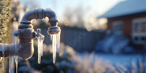 An icy water tap with icicles hanging off the spout, set against an outdoor winter background