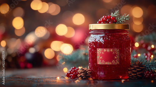 Festive jar of homemade berry jam with holiday decor photo