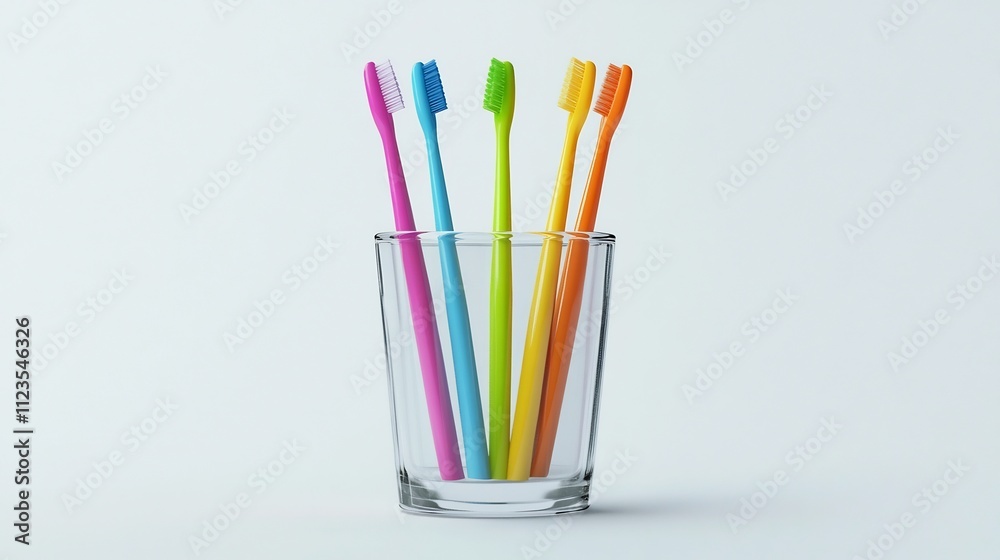 Vibrant Arrangement of Colorful Toothbrushes in a Glass on White Background Vibrant Arrangement of Colorful Toothbrushes in a Glass on White Background