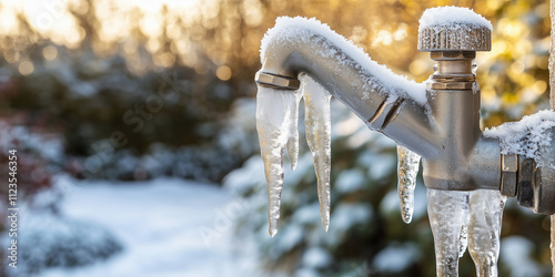An icy water tap with icicles hanging off the spout, set against an outdoor winter background
