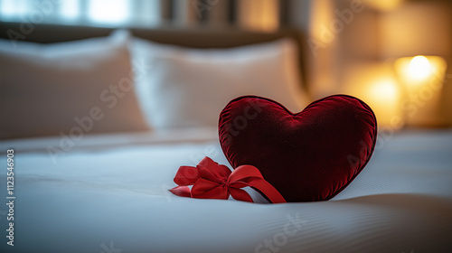 Red heart pillow on a white bed with cozy lighting, creating a romantic Valentine’s Day setting for love and relaxation. photo